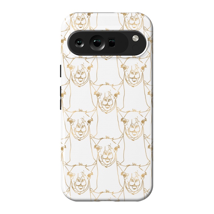 Pixel 9 Pro XL StrongFit Cute Gold Strokes Llama Animal White Pattern by InovArts