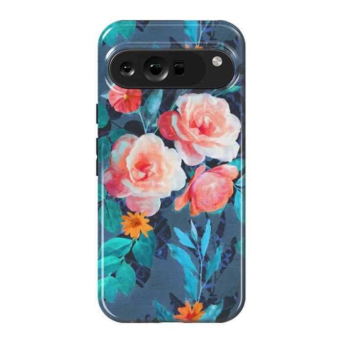 Pixel 9 Pro XL StrongFit Retro Rose Chintz in Radiant Coral on Blue by Micklyn Le Feuvre