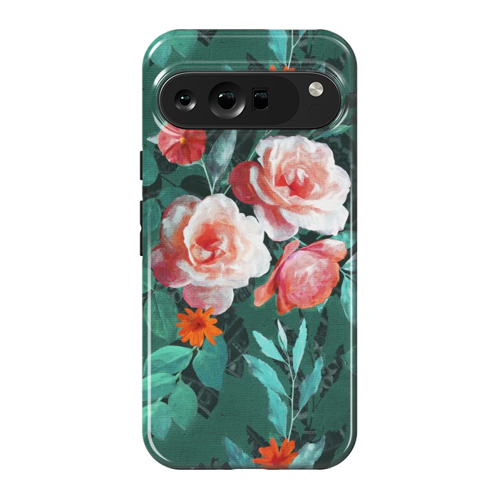 Pixel 9 Pro XL StrongFit Retro Rose Chintz in Melon Pink on Dark Emerald Green by Micklyn Le Feuvre