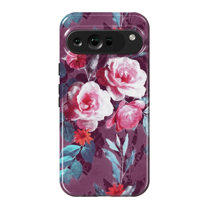 Pixel 9 Pro XL StrongFit Retro Rose Chintz in Magenta and Plum by Micklyn Le Feuvre