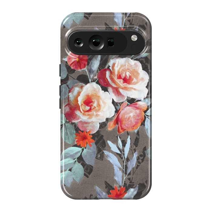 Pixel 9 Pro XL StrongFit Retro Rose Chintz in Scarlet, Peach, Sage and Grey by Micklyn Le Feuvre