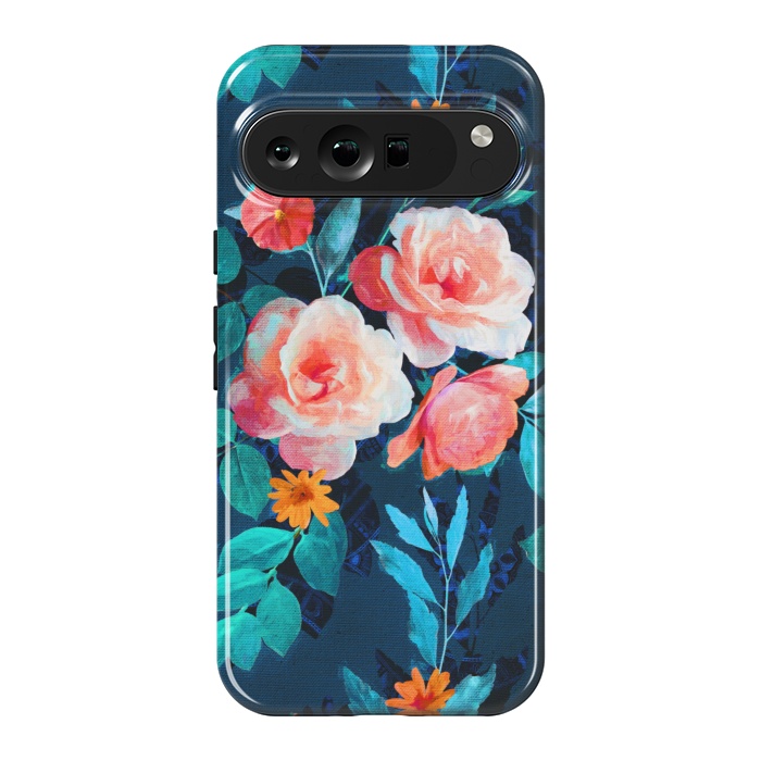 Pixel 9 Pro XL StrongFit Retro Rose Chintz in Bright Coral and Peach on Indigo Blue by Micklyn Le Feuvre