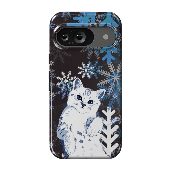 Pixel 9 StrongFit Cute kitty with blue metallic snowflakes by Oana 