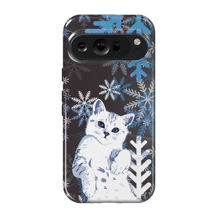 Pixel 9 pro StrongFit Cute kitty with blue metallic snowflakes by Oana 