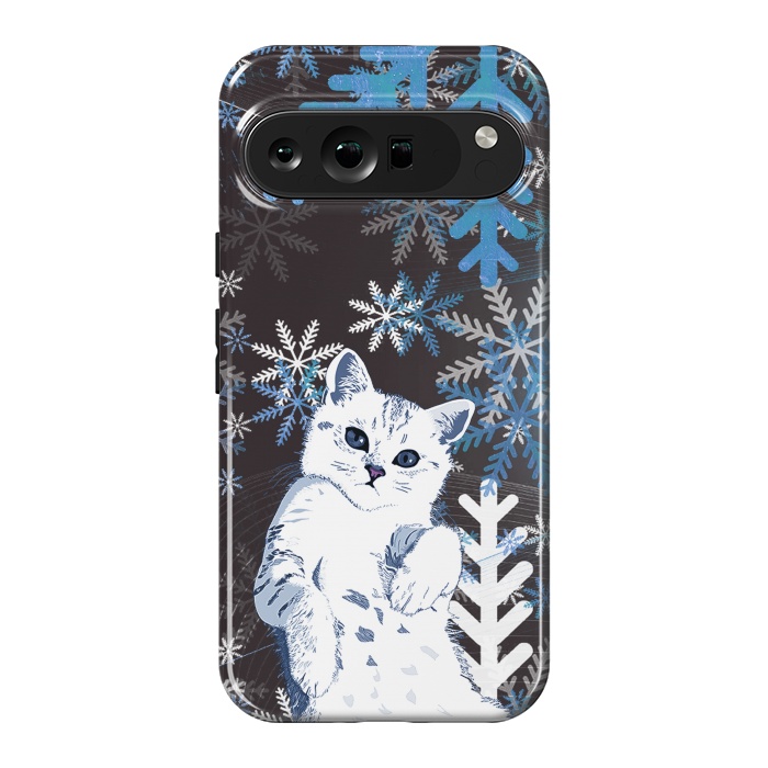 Pixel 9 Pro XL StrongFit Cute kitty with blue metallic snowflakes by Oana 