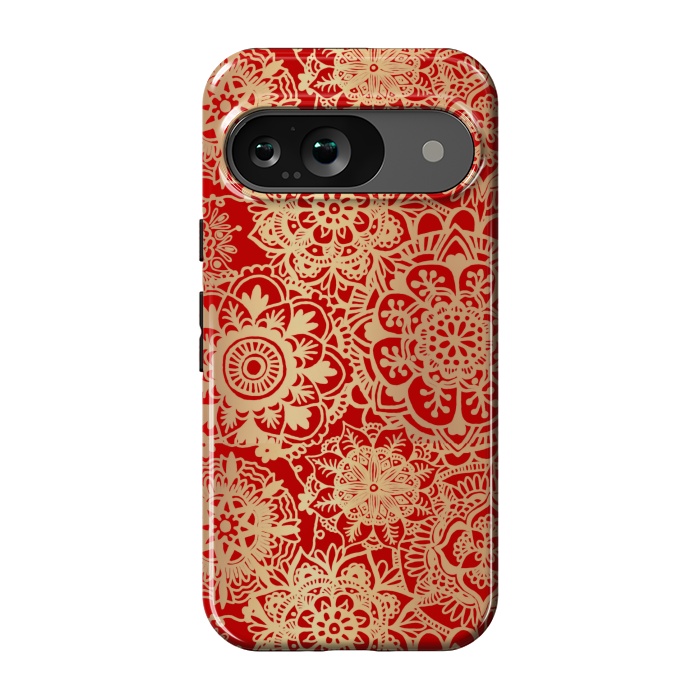 Pixel 9 StrongFit Red and Gold Mandala Pattern by Julie Erin Designs