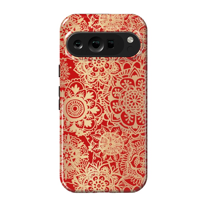 Pixel 9 pro StrongFit Red and Gold Mandala Pattern by Julie Erin Designs