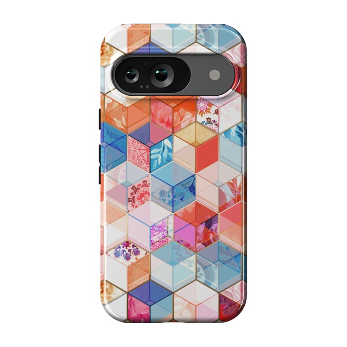 Pixel 9 StrongFit Coral, Cream and Cobalt Kaleidoscope Cubes by Micklyn Le Feuvre