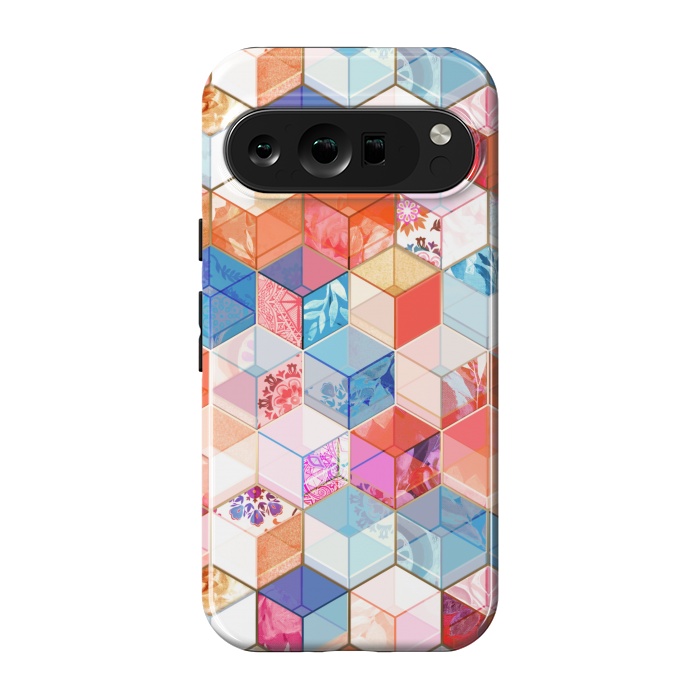 Pixel 9 pro StrongFit Coral, Cream and Cobalt Kaleidoscope Cubes by Micklyn Le Feuvre