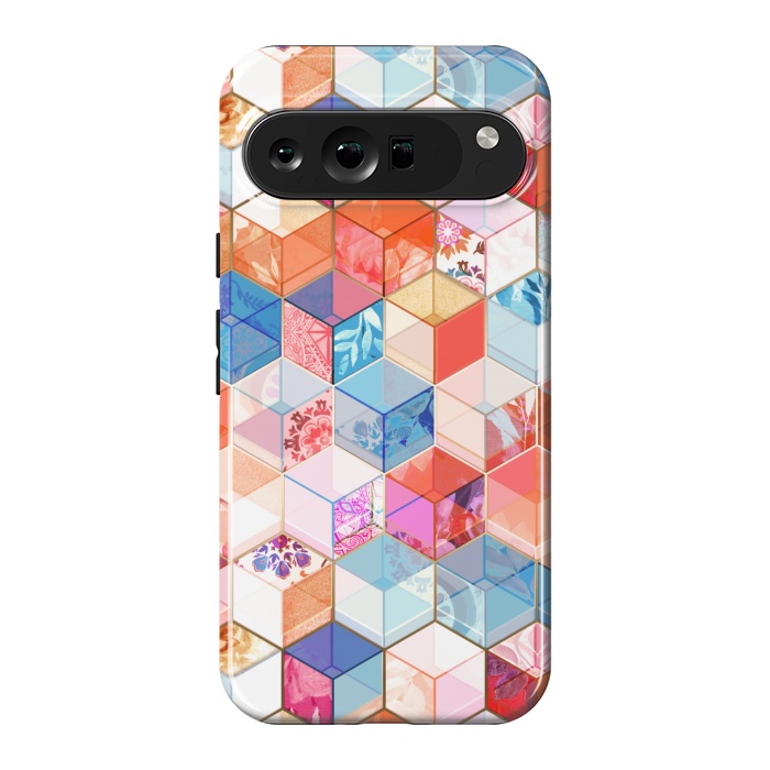 Pixel 9 Pro XL StrongFit Coral, Cream and Cobalt Kaleidoscope Cubes by Micklyn Le Feuvre