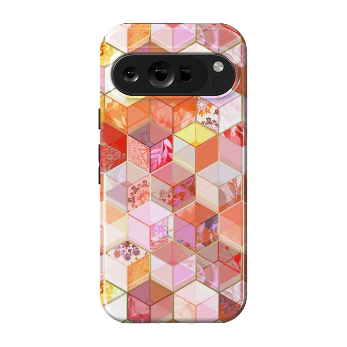 Pixel 9 pro StrongFit Gold and Garnet Kaleidoscope Cubes by Micklyn Le Feuvre