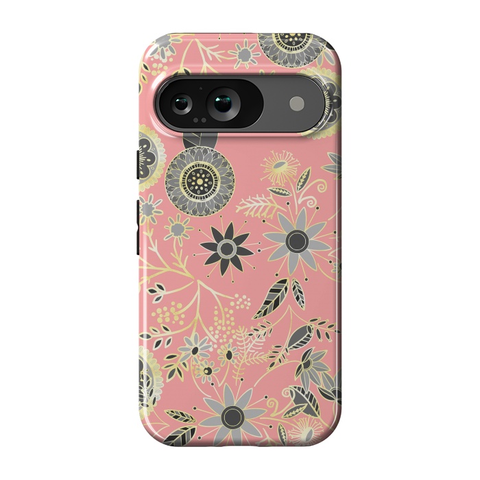 Pixel 9 StrongFit Elegant Gray and Pink Folk Floral Golden Design by InovArts