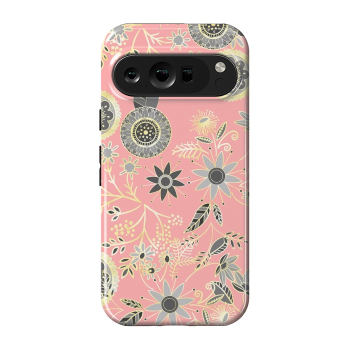 Pixel 9 pro StrongFit Elegant Gray and Pink Folk Floral Golden Design by InovArts