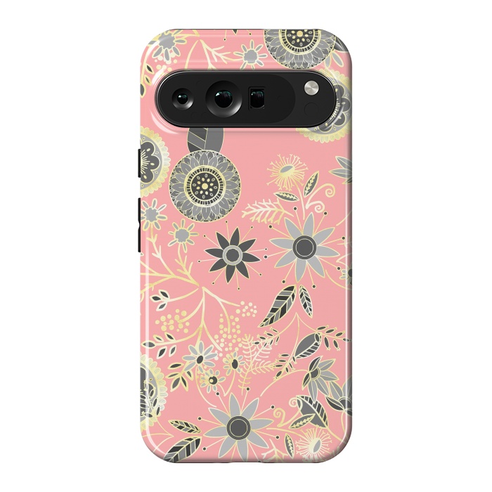 Pixel 9 Pro XL StrongFit Elegant Gray and Pink Folk Floral Golden Design by InovArts