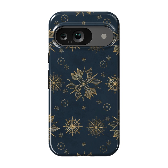 Pixel 9 StrongFit Elegant Gold Blue Poinsettias Snowflakes Pattern by InovArts