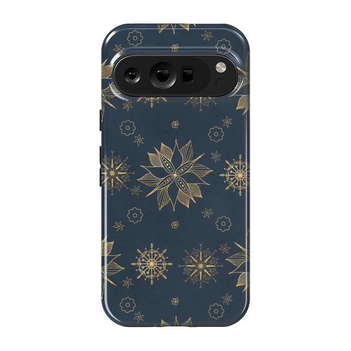 Pixel 9 pro StrongFit Elegant Gold Blue Poinsettias Snowflakes Pattern by InovArts