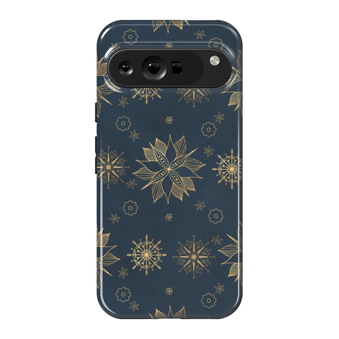 Pixel 9 Pro XL StrongFit Elegant Gold Blue Poinsettias Snowflakes Pattern by InovArts