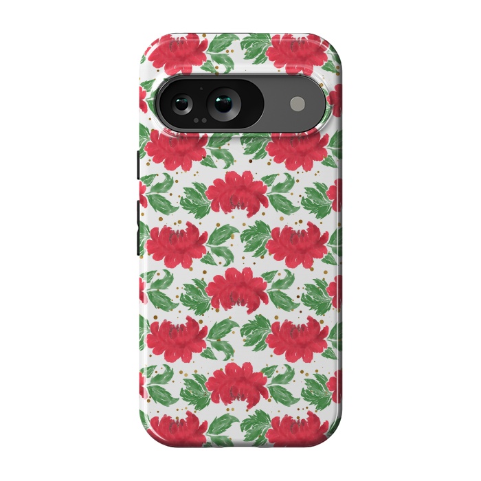 Pixel 9 StrongFit Watercolor Winter Red Flowers Gold Dots Artwork by InovArts