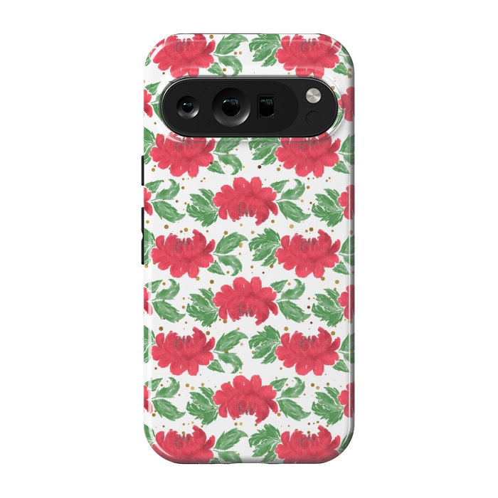 Pixel 9 pro StrongFit Watercolor Winter Red Flowers Gold Dots Artwork by InovArts