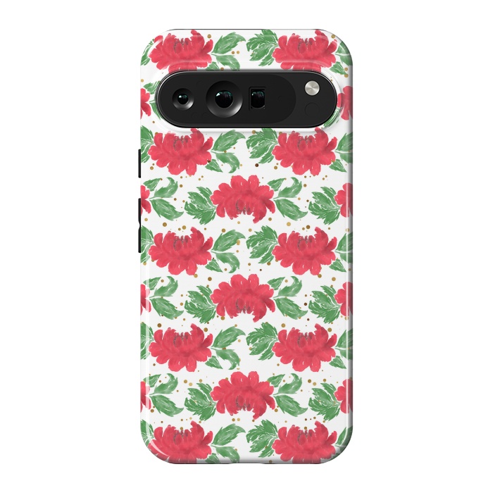 Pixel 9 Pro XL StrongFit Watercolor Winter Red Flowers Gold Dots Artwork by InovArts