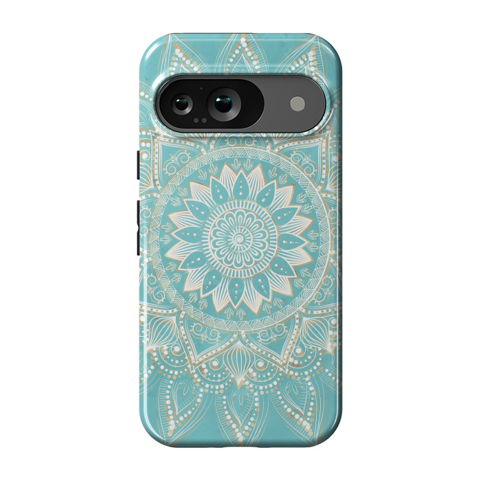 Pixel 9 StrongFit Elegant White Gold Mandala Sky Blue Design by InovArts