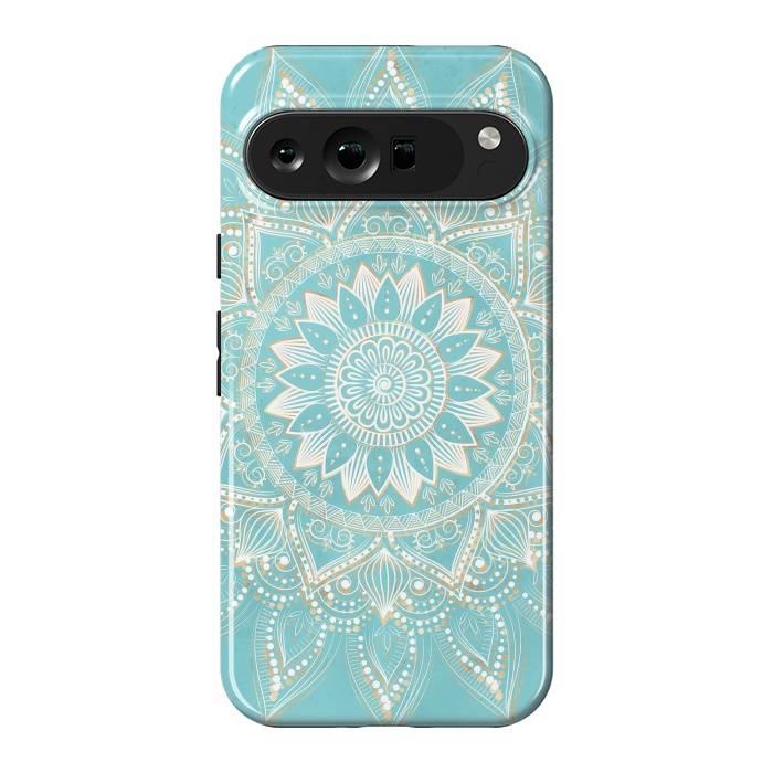 Pixel 9 Pro XL StrongFit Elegant White Gold Mandala Sky Blue Design by InovArts