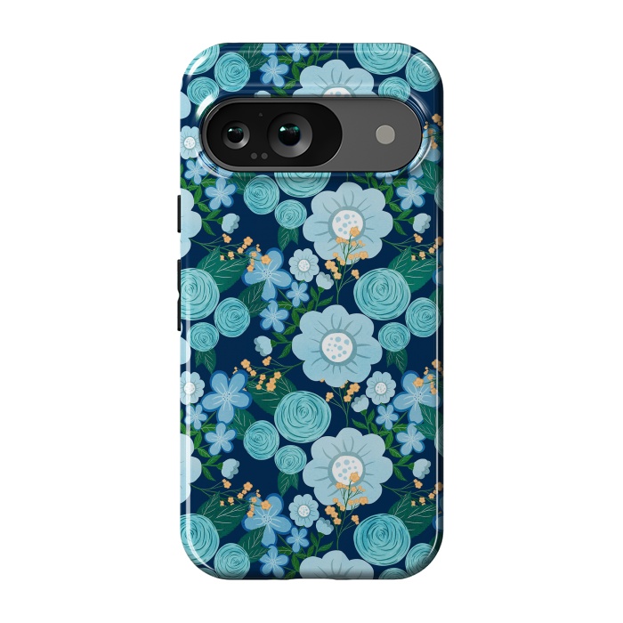 Pixel 9 StrongFit Cute Girly Blue Hand Drawn Flowers Pattern by InovArts