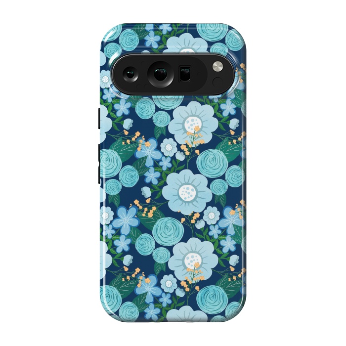 Pixel 9 pro StrongFit Cute Girly Blue Hand Drawn Flowers Pattern by InovArts