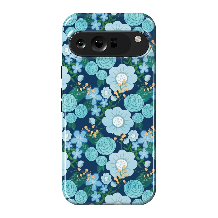 Pixel 9 Pro XL StrongFit Cute Girly Blue Hand Drawn Flowers Pattern by InovArts