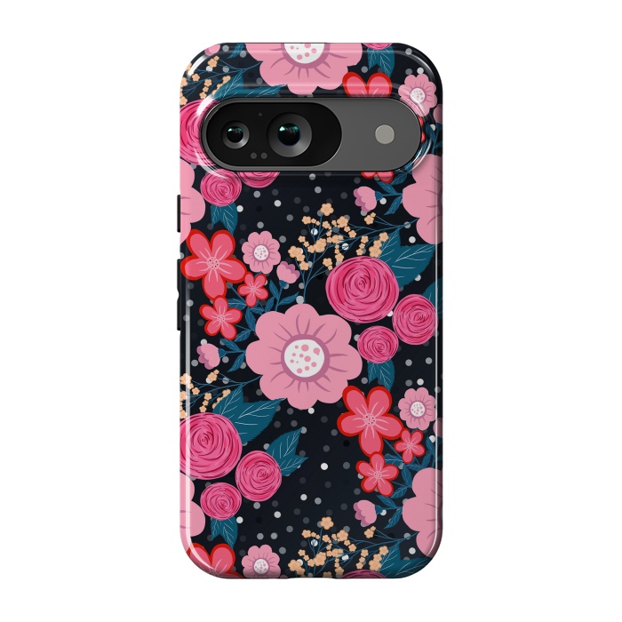 Pixel 9 StrongFit Pretty girly pink Floral Silver Dots Gray design by InovArts