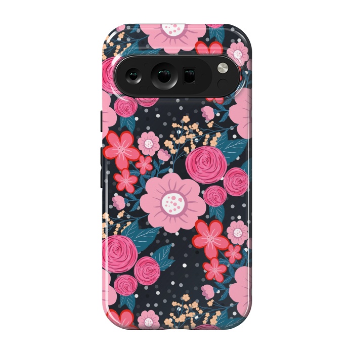 Pixel 9 pro StrongFit Pretty girly pink Floral Silver Dots Gray design by InovArts