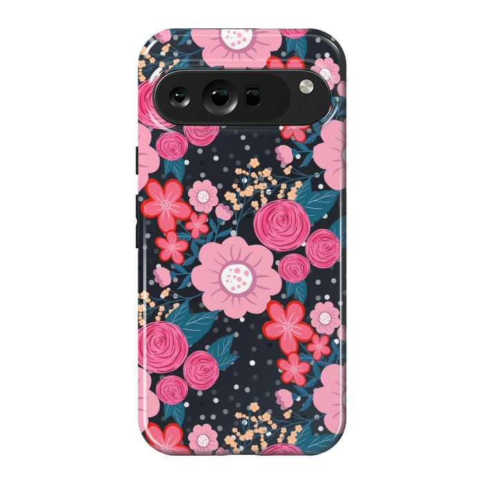 Pixel 9 Pro XL StrongFit Pretty girly pink Floral Silver Dots Gray design by InovArts