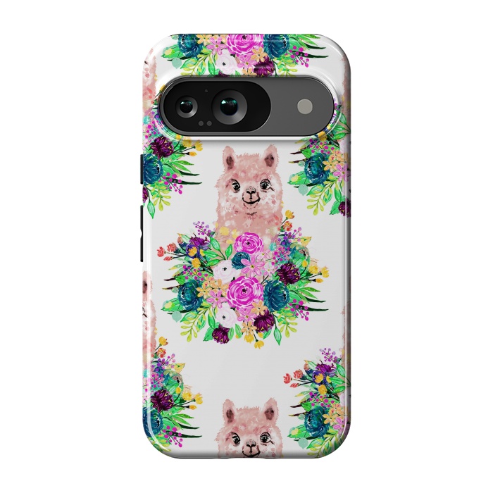 Pixel 9 StrongFit Cute Pink Alpaca and Flowers Watercolor paint by InovArts