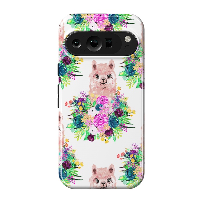 Pixel 9 pro StrongFit Cute Pink Alpaca and Flowers Watercolor paint by InovArts