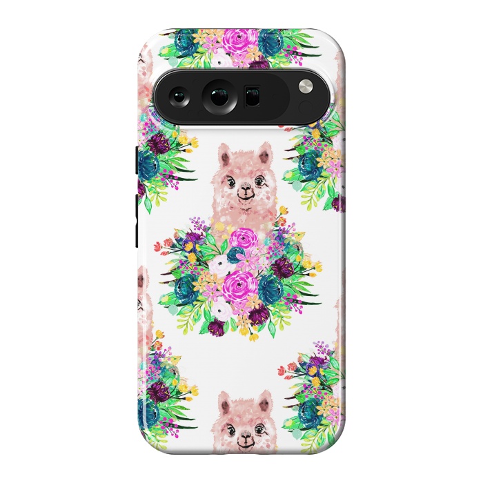 Pixel 9 Pro XL StrongFit Cute Pink Alpaca and Flowers Watercolor paint by InovArts