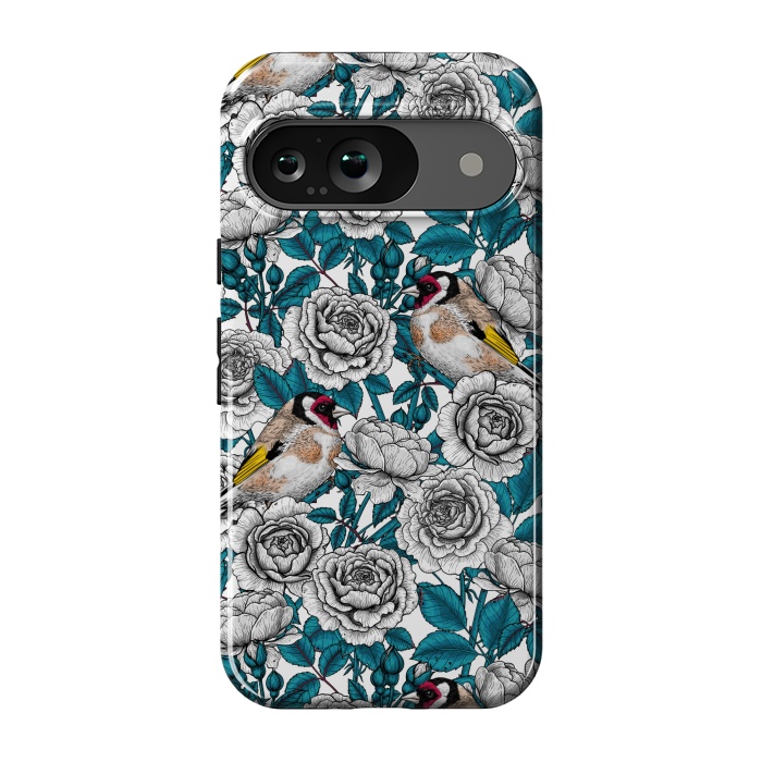 Pixel 9 StrongFit White rose flowers and goldfinch birds by Katerina Kirilova