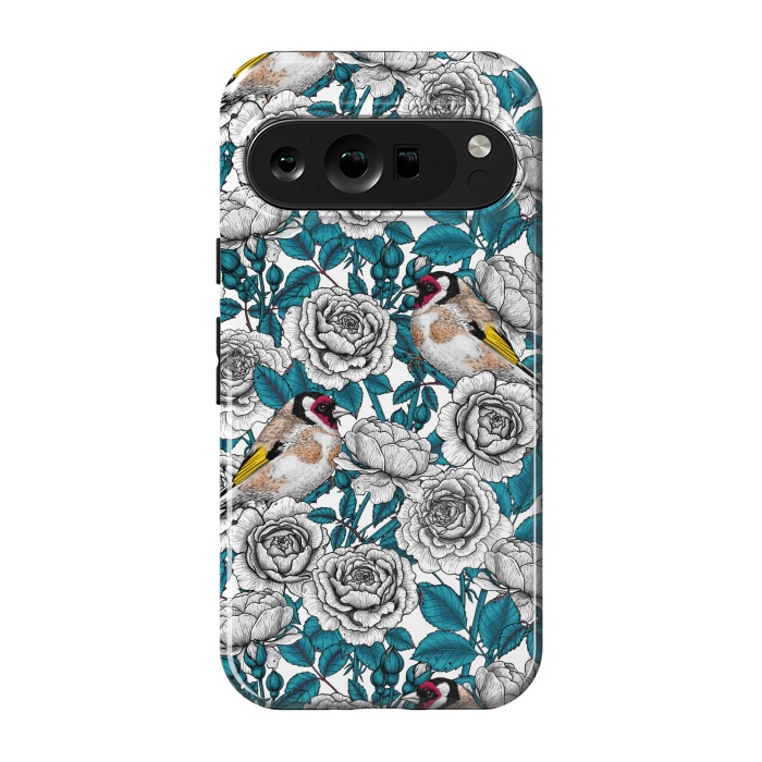 Pixel 9 pro StrongFit White rose flowers and goldfinch birds by Katerina Kirilova