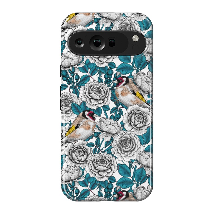 Pixel 9 Pro XL StrongFit White rose flowers and goldfinch birds by Katerina Kirilova