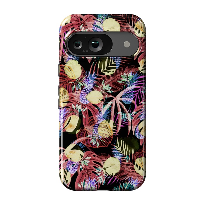 Pixel 9 StrongFit Colourful painted tropical leaves and pineapples by Oana 