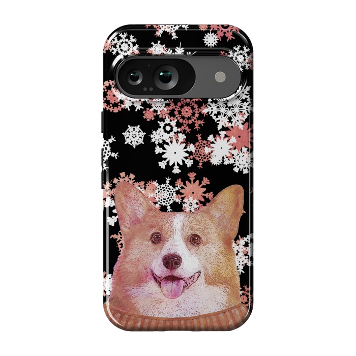 Pixel 9 StrongFit Cute corgi and white rose gold snowflakes by Oana 