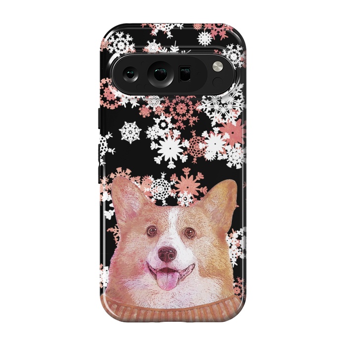 Pixel 9 pro StrongFit Cute corgi and white rose gold snowflakes by Oana 