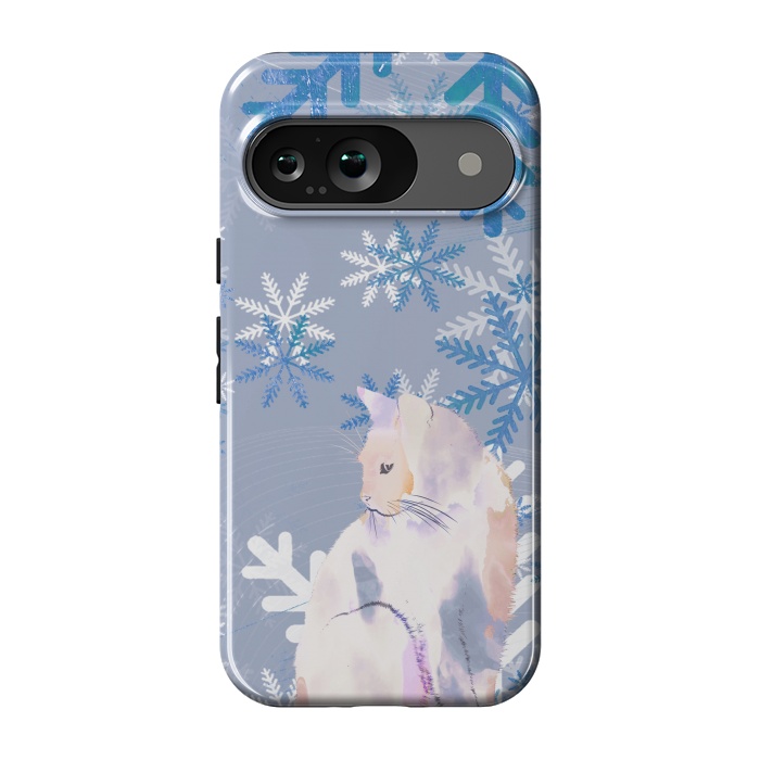 Pixel 9 StrongFit Cat and metallic blue snowflakes watercolor illustration by Oana 