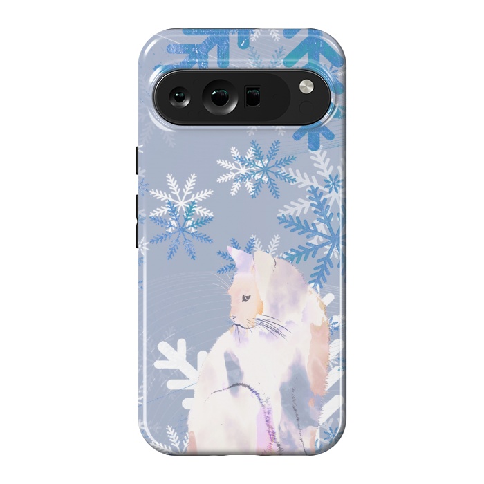 Pixel 9 Pro XL StrongFit Cat and metallic blue snowflakes watercolor illustration by Oana 