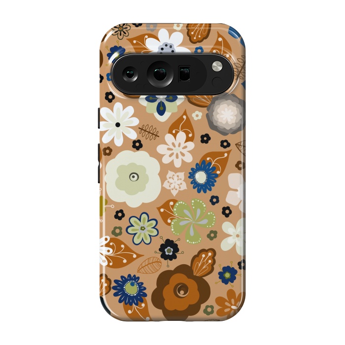 Pixel 9 pro StrongFit Kitsch 70s Flowers in Classic Blue and Brown by Paula Ohreen