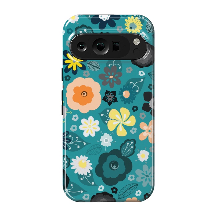 Pixel 9 pro StrongFit Kitsch 70s Flowers in Classic Blue and Yellow by Paula Ohreen