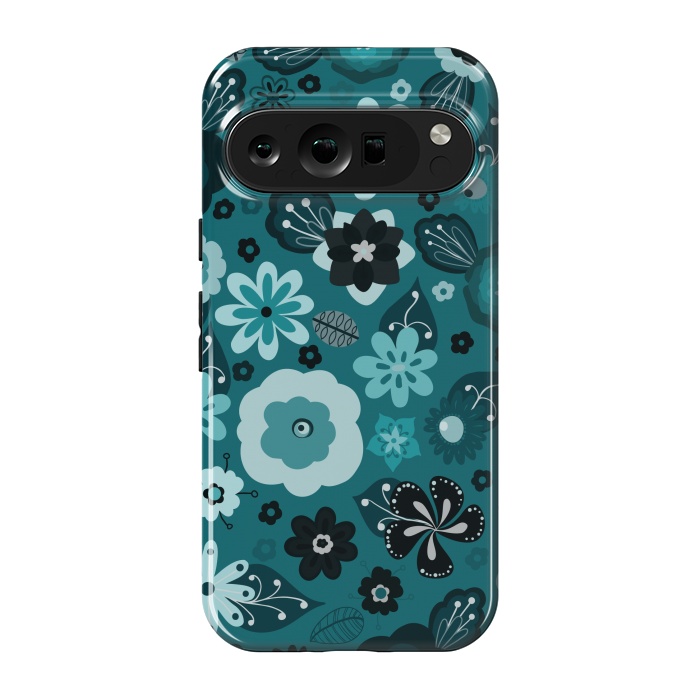 Pixel 9 pro StrongFit Kitsch 70s Flowers in Monochrome Classic Blue by Paula Ohreen