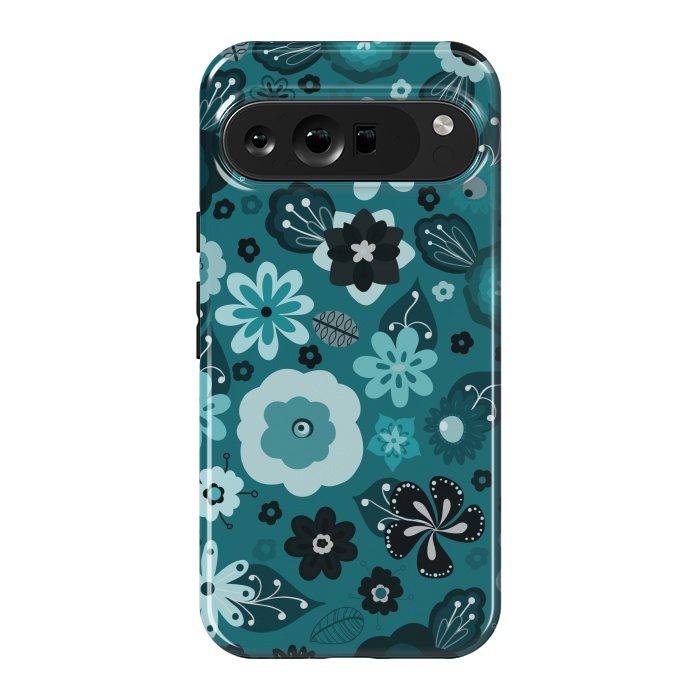 Pixel 9 Pro XL StrongFit Kitsch 70s Flowers in Monochrome Classic Blue by Paula Ohreen