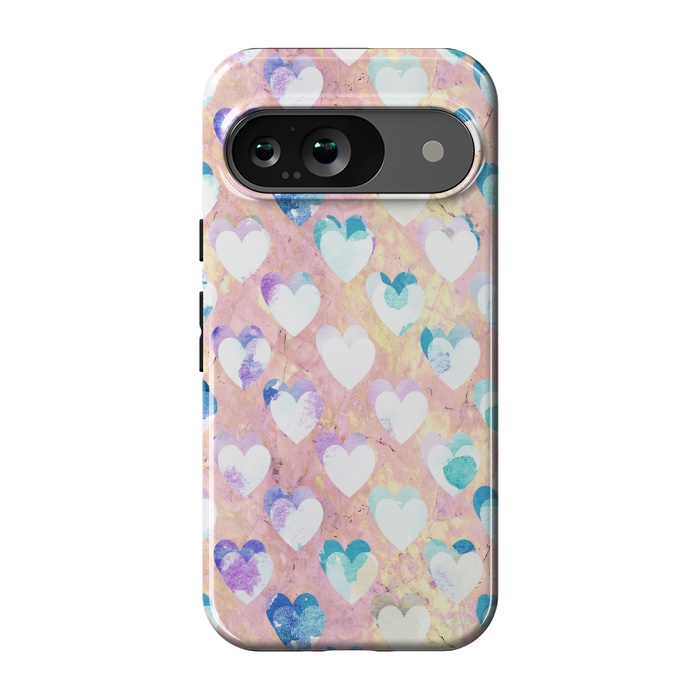 Pixel 9 StrongFit Pastel painted hearts on pink marble Valentine by Oana 