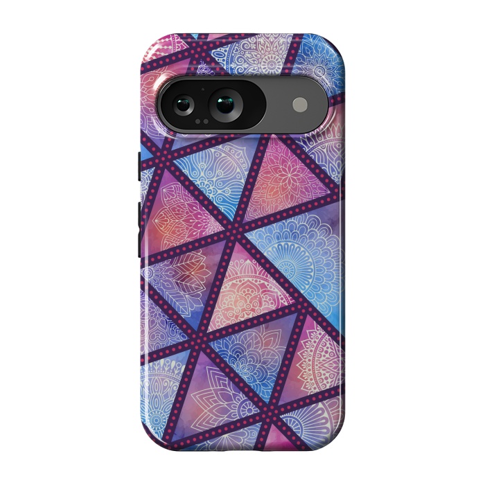 Pixel 9 StrongFit triangle mandala pattern blue pink by MALLIKA