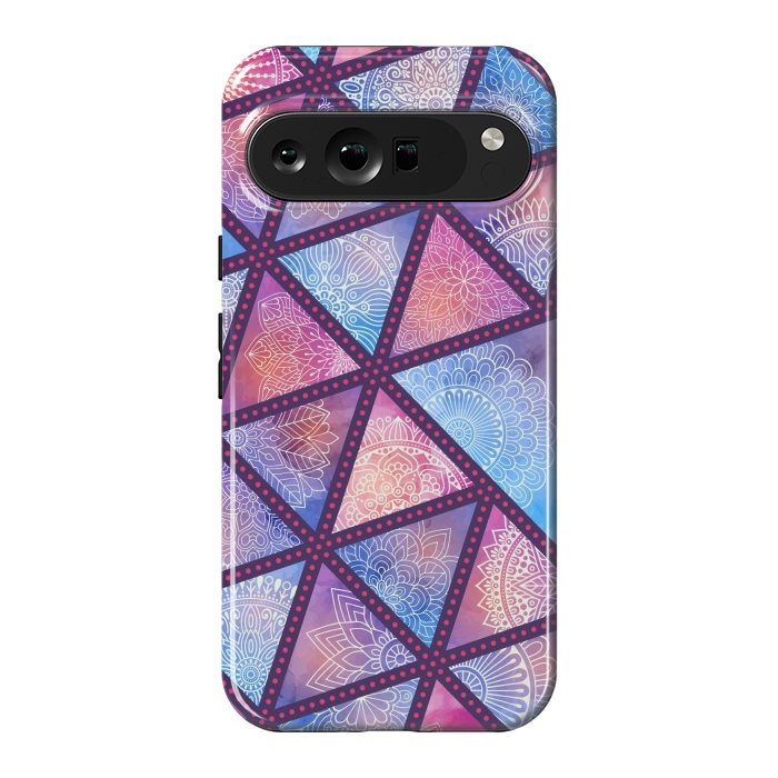 Pixel 9 Pro XL StrongFit triangle mandala pattern blue pink by MALLIKA